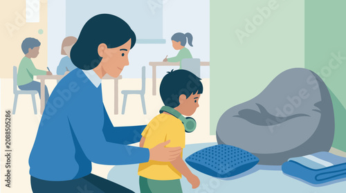 A gentle teacher supports a young boy with headphones in a sensory corner. Concept of inclusive education, autism support, special needs care, and classroom guidance for children.