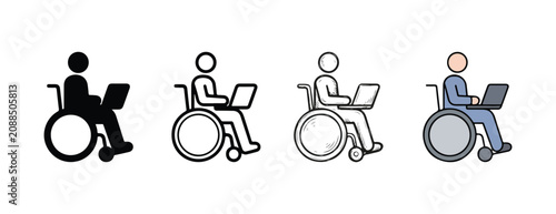 People in wheelchair with laptop computer working or studying accessibility symbol icons