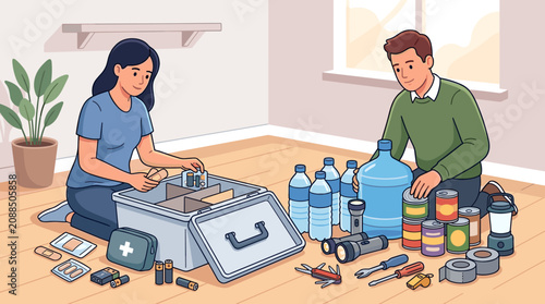 A young couple organizing emergency supplies like water, canned food, batteries, and first aid kit in a home setting. Illustration about disaster preparedness and family safety.