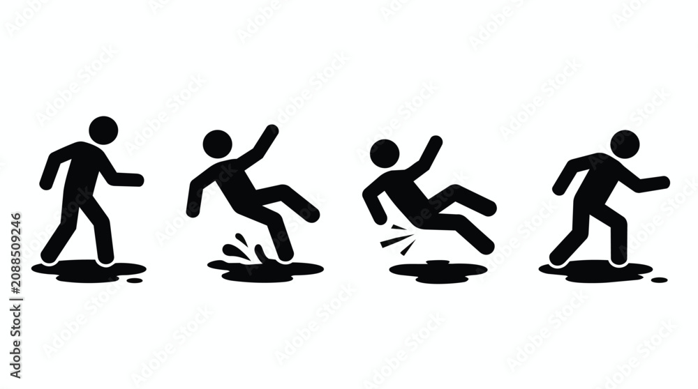 Obraz premium Wet floor slip, hazard warning and safety icon set for accident prevention, workplace health and personal injury protection. Falling person, puddle risk and security sign with stick figure symbols.