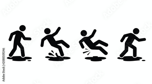 Wet floor slip, hazard warning and safety icon set for accident prevention, workplace health and personal injury protection. Falling person, puddle risk and security sign with stick figure symbols.