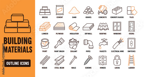 Building materials outline icons set featuring construction elements like bricks, cement, lumber, plywood, insulation, drywall, roofing, windows, doors, paint, pipes, and hardware