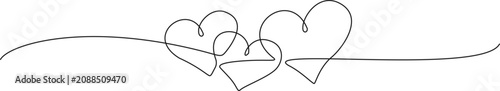continuous line drawing of three connected hearts, romance, wedding, or Valentines Day concepts, minimalist line art vector illustration