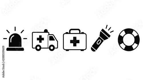 Emergency, safety and medical icons for ambulance, first aid kit and siren light. Rescue equipment, flashlight and lifebuoy with hospital services, healthcare protection and urgent accident relief