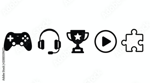 Gaming icons set and entertainment symbols for video game interface, competition and web design. Controller, headset and trophy with play button, puzzle piece for hobby, digital apps and esports.