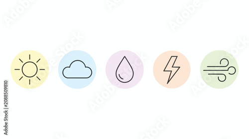 Weather forecast icons and meteorological symbols for app interface, climate report or environmental dashboard. Sun, cloud, rain drop with lightning bolt and wind power for nature prediction.