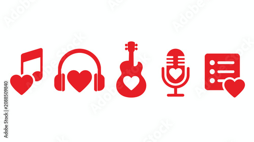 Music love icons, headphones and guitar for radio podcast, sound studio and audio entertainment. Heart melody, singing and microphone with playlist for romantic song, valentine and hobby app.