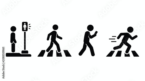 Pedestrian crossing icons, people and street safety with traffic light, zebra walk and road signals. Stick figures, mobile phone distraction and running in urban city with transportation rules infogr