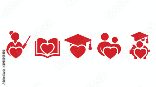 Education heart icons and school symbols for learning, teaching and academic success. Teacher, student and graduation cap with mortarboard, book and piggy bank for university scholarship fund and cha