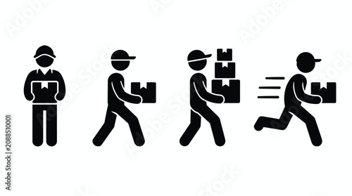 Delivery man, shipping and parcel service icon set for logistics, transport and fast mail. Courier, package and distribution worker for retail, commerce and commercial order tracking app designs