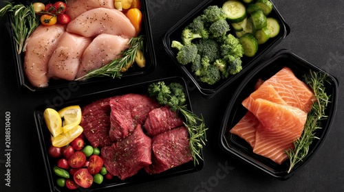 Fresh Raw Chicken, Beef, Salmon and Vegetables Prepared