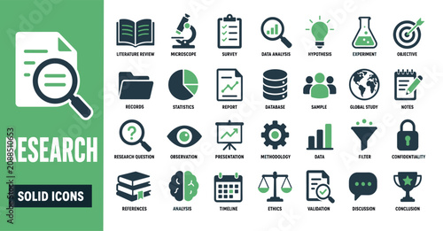 Research solid icons set for scientific study including microscope literature review statistics database methodology and data analysis symbols