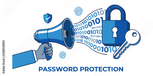 Cybersecurity concept illustration featuring a hand holding a megaphone shouting password protection awareness 