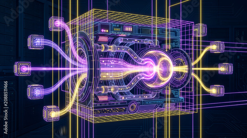 Abstract Artificial Intelligence Network and Data Processing Quantum Computer System Hologram background