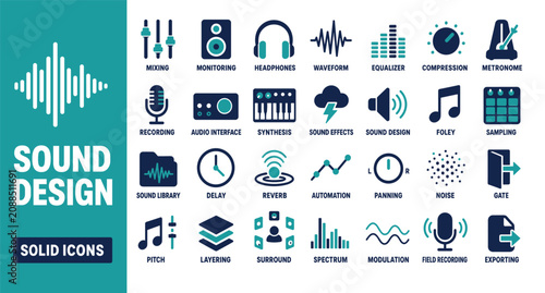 Sound design solid icons set featuring audio production elements like mixing headphones waveform equalizer recording and synthesis symbols