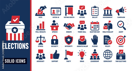 Election and voting solid icons set featuring symbols for ballot box, voter identification, campaign, democracy, and political government processes