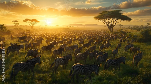A massive herd of wild zebras grazes peacefully on the vast grassy African savannah during a beautiful golden hour sunset with warm glowing light everywhere