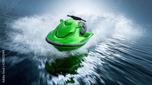 Bright Green Jetski Racing on Wavy Water
