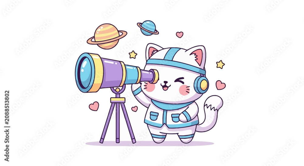 Fototapeta premium Kawaii cat astronaut looking through telescope at planets and stars
