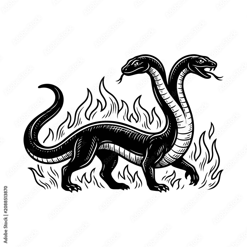 Fototapeta premium Two-headed fire-breathing dragon engraving.