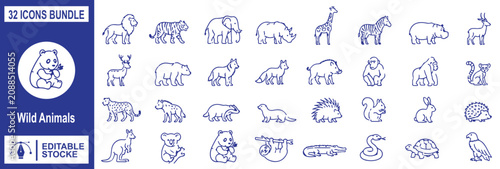 Photography 32 Wild Animals Icons Bundle, Line Art Wildlife Vector Illustration Set