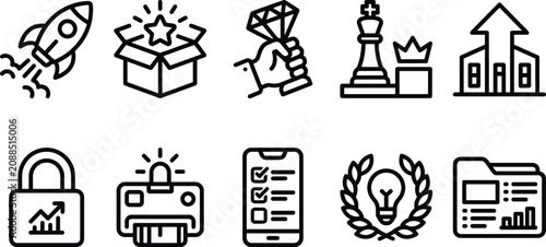 Business growth startup launch strategy premium quality development and strategic planning line icons set