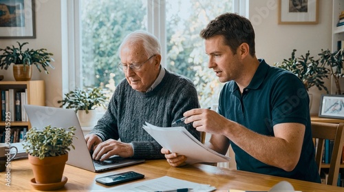 Elderly man and younger businessman consult on financial planning at home office desk