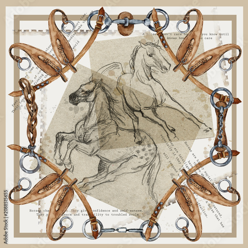 Equestrian silk scarf design with vintage horses and luxury leather belts