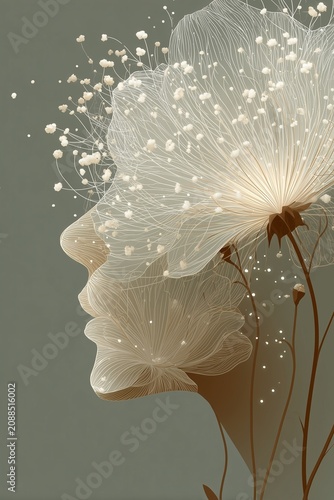Vertical white pollen diagram line art with ethereal face on green