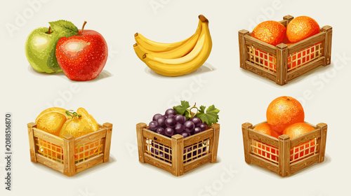 Tableau sur toile Pixel Art Fruits In Wooden Crates And Two Loose Apples With Bananas Against A Li