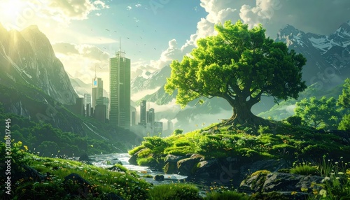 Large green tree on grassy hill overlooking modern city.