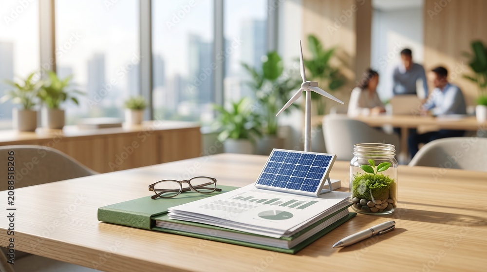 Fototapeta premium Renewable energy models and environmental report on office desk