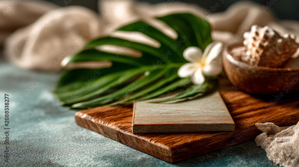 Fototapeta premium Tropical monstera leaf and white flower on wooden board for spa with health care, monstera