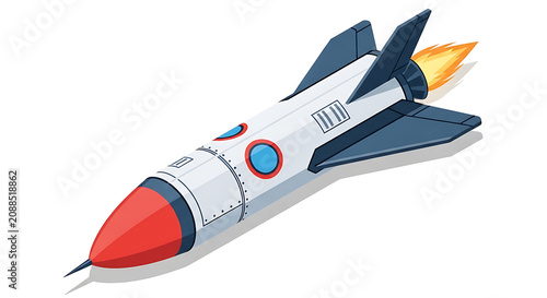Flying Space Rocket Launching Into Orbit Isolated On A White Background In A Cartoon Style Illustration