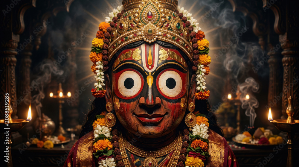 Obraz premium Close up of the colorful wooden idol of lord jagannath decorated with flowers generated using ai