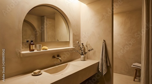 Discover a serene bathroom sanctuary featuring an arched mirror reflecting a vanity countertop adorned with toiletries and a faucet embodying a tranquil spa like atmosphere with textured walls