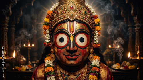 Close up of the colorful wooden idol of lord jagannath decorated with flowers generated using ai