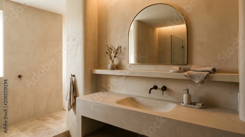 Serene bathroom vanity area with large arched mirror reflecting soft ambient light and a stone sink complemented by textured walls and a decorative shelf holding sparse accessories creating a