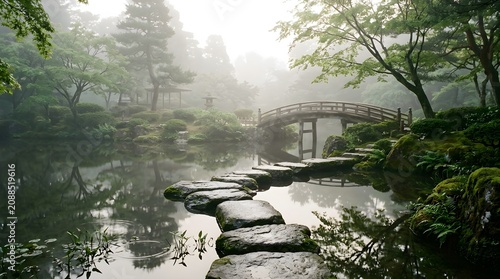 Tranquil Japanese garden with moss covered stepping stones leading across a calm pond towards a wooden arch bridge shrouded in atmospheric morning mist providing a serene natural landscape scene