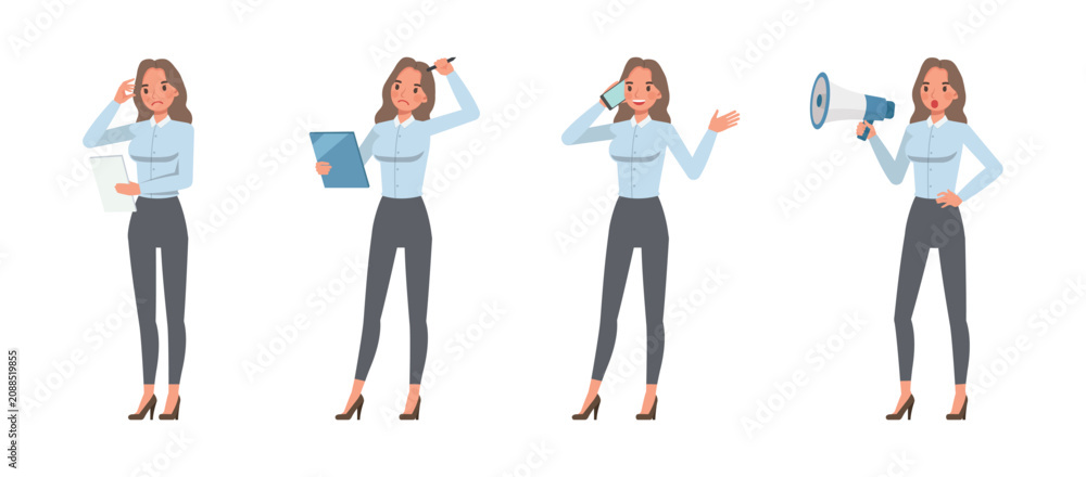 Obraz premium Businesswoman wearing blue shirt character vector illustration design set performing daily office tasks. Woman working in office.