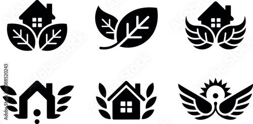 Eco friendly home and real estate logo set combining houses leaves and wings representing sustainable living property management isolated on white background