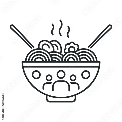 People gathered around steaming noodle bowl for communal dining concept