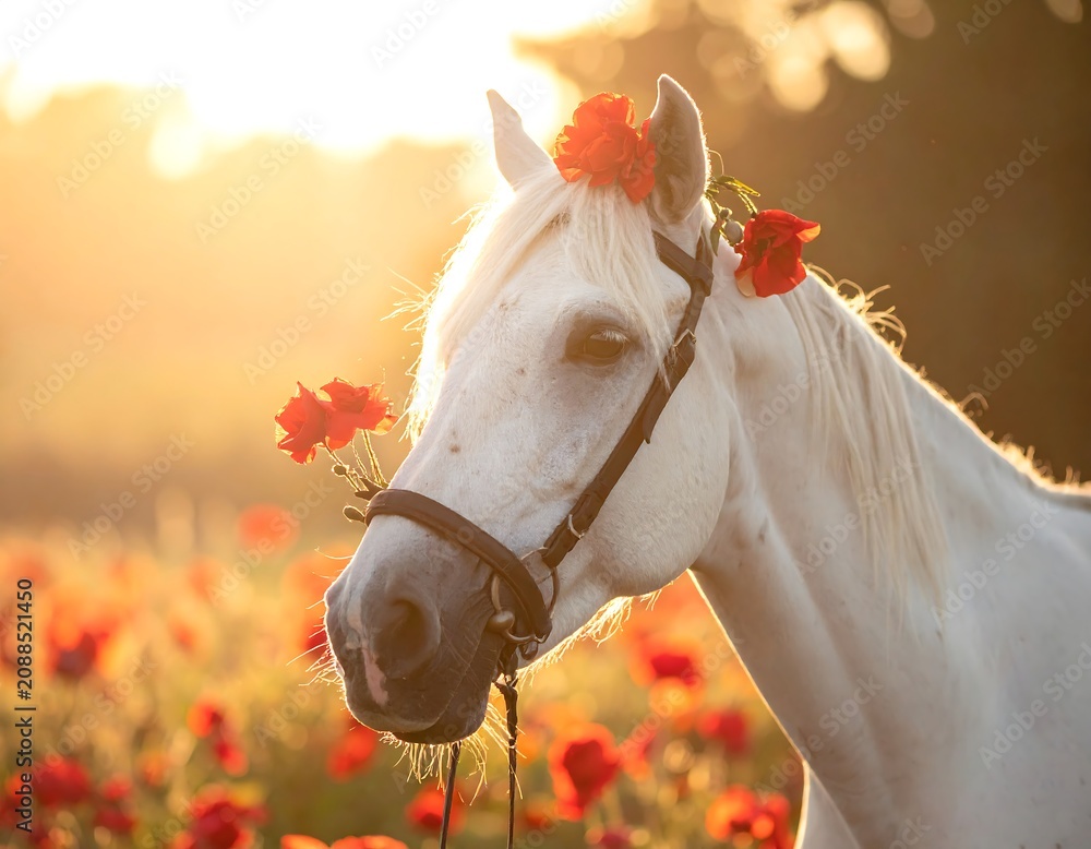 Obraz premium White Horse with Poppies.
