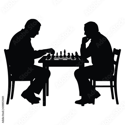 Two retired senior citizens men play chess, male friends sitting at table with chessboard.