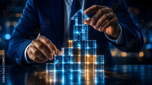 Forward thinking corporate analyst directing a glowing digital cube arrow upward indicating positive business financial growth successful market trends and advanced technology progress
