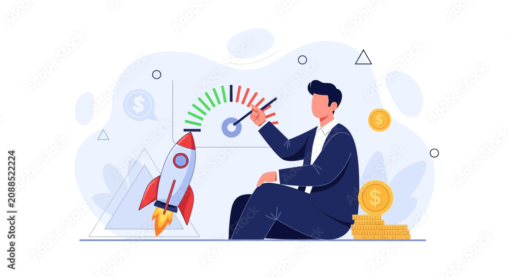 Obraz premium Businessman Launching Rocket with Speedometer and Coins - Business Growth, Startup Success, Finance Concept