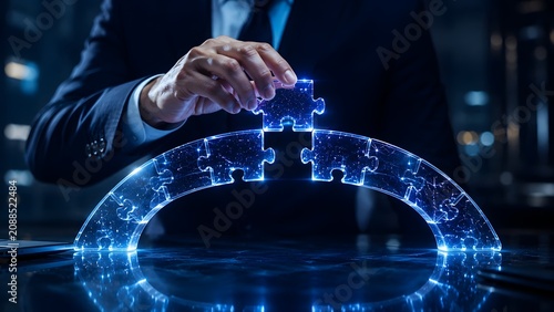 Professional businessman assembling a futuristic glowing digital puzzle arch illustrating secure network bridging advanced connectivity solutions and modern enterprise integration