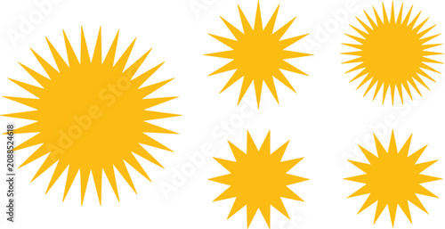 Collection of bright yellow starburst shapes with pointed rays resembling stylized suns for logo, badge, and summer design