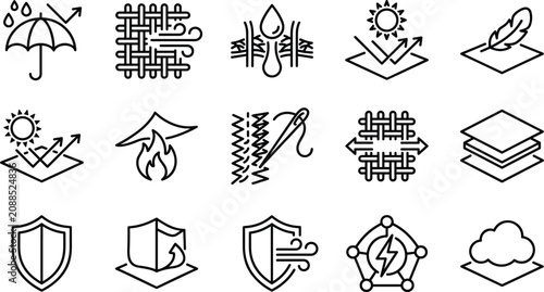 Bild auf Leinwand Fabric property and textile material feature line icon set vector illustration o