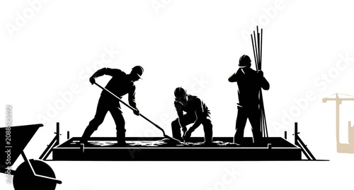 фотографія Three construction workers assembling steel beams on rooftop Vector